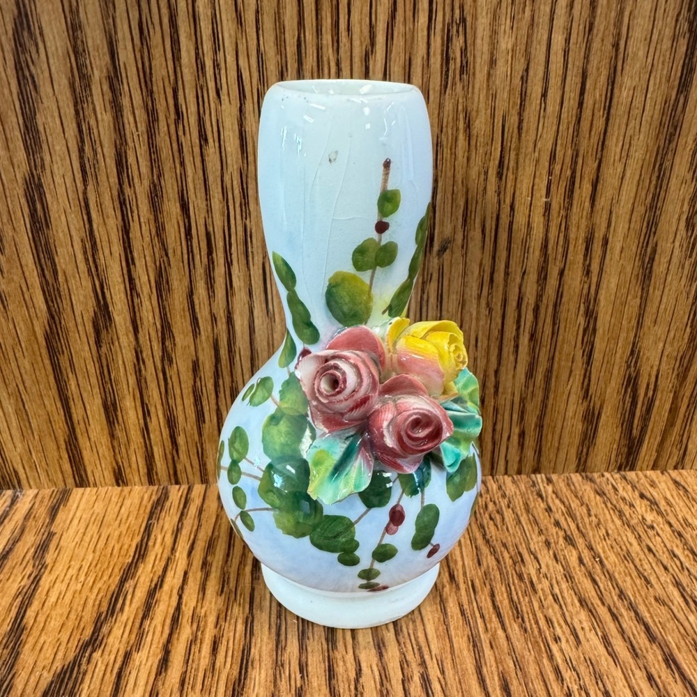 Vintage Hand Painted Italy Ceramic Bud Vase 3D Applied Roses Floral Capodimonte